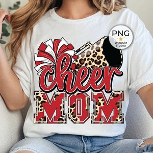 Cheer Mom PNG Image, Red White Leopard Cheer Poms & Megaphone Design, Sublimation Designs Downloads, PNG File