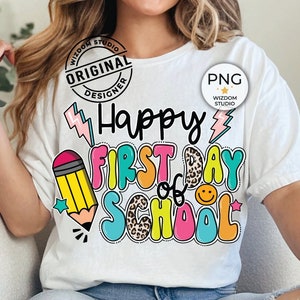 Happy First Day Of School PNG Image, Leopard Lightning Bolt Back To School Design, Sublimation Designs Downloads, PNG File