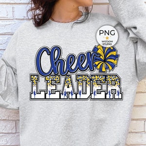 Immagine PNG cheerleader, disegno Leopard Cheer Blue Gold, download di disegni di sublimazione, file PNG