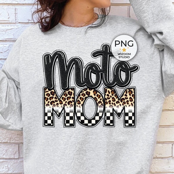 Moto Mom PNG Image, Racing Checkered Flag Leopard Black Designs, Sublimation Designs Downloads, PNG File