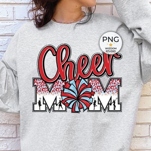 Cheer Mom PNG Image, Red Light Blue Leopard Cheer Design, Sublimation Designs Download, PNG File