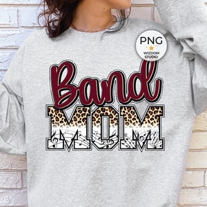 Band Mom PNG Image, Leopard Maroon Letters Marching Band Design, Sublimation Designs Downloads, Transparent PNG File