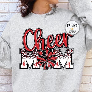 Cheer Mom PNG Image, Red Black Pom Leopard Letters Cheer Design, Sublimation Designs Download, PNG File