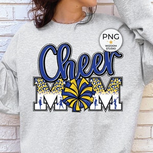 Cheer Mom PNG Image, Blue Gold Leopard Cheer Design, Sublimation Designs Downloads, PNG File
