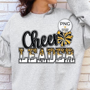 Cheerleader PNG Image, Black Yellow Gold Leopard Cheer Design, Sublimation Designs Downloads, PNG File