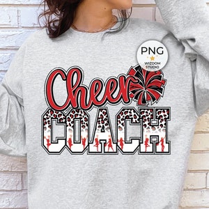 Cheer Coach PNG Image, Red Leopard Letters Cheer Design, Sublimation Designs Downloads, Transparent PNG File