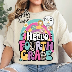 Hello Fourth Grade PNG Image, Back To School Leopard Rainbow Design, Sublimation Designs Downloads, PNG File
