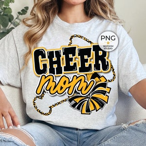 Cheer Mom PNG Image, Leopard Megaphone Cheer Yellow Gold Black Design, Sublimation Designs Downloads, PNG File