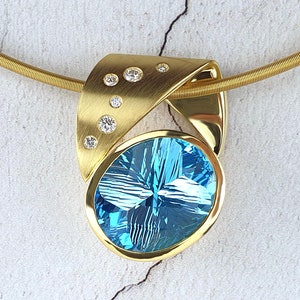 Oval Swiss Blue Topaz and Diamonds set in a Handmade OOAK 18 carat Yellow Gold Pendant