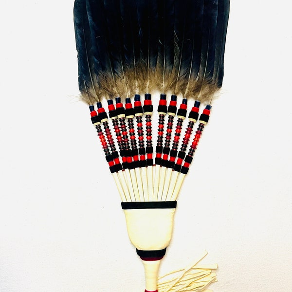 Beautiful English Crow feather ceremonial fan,  NAC Native American Church, Peyote Fan