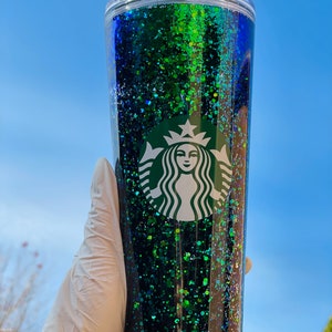 Blue Green Snowglobe Tumbler Color Shift Cup Venti 24 fl oz Glitter Cold Cup Glitter Tumbler Custom Christmas Gift Personalized