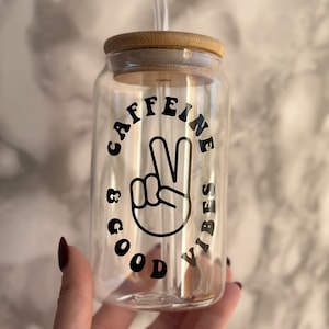 Caffeine and Good Vibes Soda Can Glass With Bamboo Lid Beer Can Black Iced Coffee Glass 16oz Glass Cup Gift For Her Christmas Glass Straw