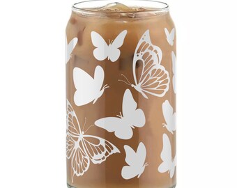 Butterfly soda can glass butterfly beer can glass monarch butterflies Libbey glass can physical 16 oz