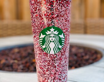 Bicchiere con sfera di neve natalizia, bicchiere alla menta piperita, tazza Venti da 24 fl oz, glitter rosso e bianco, bicchiere con glitter, regalo di Natale personalizzato