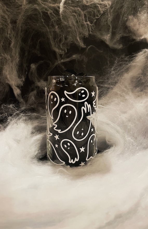 Ghost Beer Can Glass Fall Glass Fall Cup Halloween Beer Can Glass Soda Can Glass Iced Coffee Ghosts Spooky Reusable Glass Straw Bamboo Lid