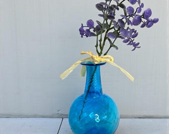 Vintage aqua blue seeded optic swirl Handblown glass bud vase/art glass vase