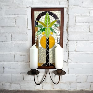 Vintage wood and glass mosaic palm tree wall sconce,wall candle sconce, tropical decor/2 arm candelabra