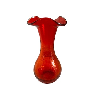 Hand blown Crackle glass red/orange ruffled/vase