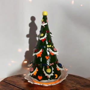 Art pottery Christmas tree tea light candleholder/lantern/luminary/centerpiece/Christmas table scape/2 piece candleholder/handmade gift/gift
