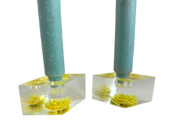 Vintage lucite yellow rose candle holders /lucite taper candle holders /flower candleholders