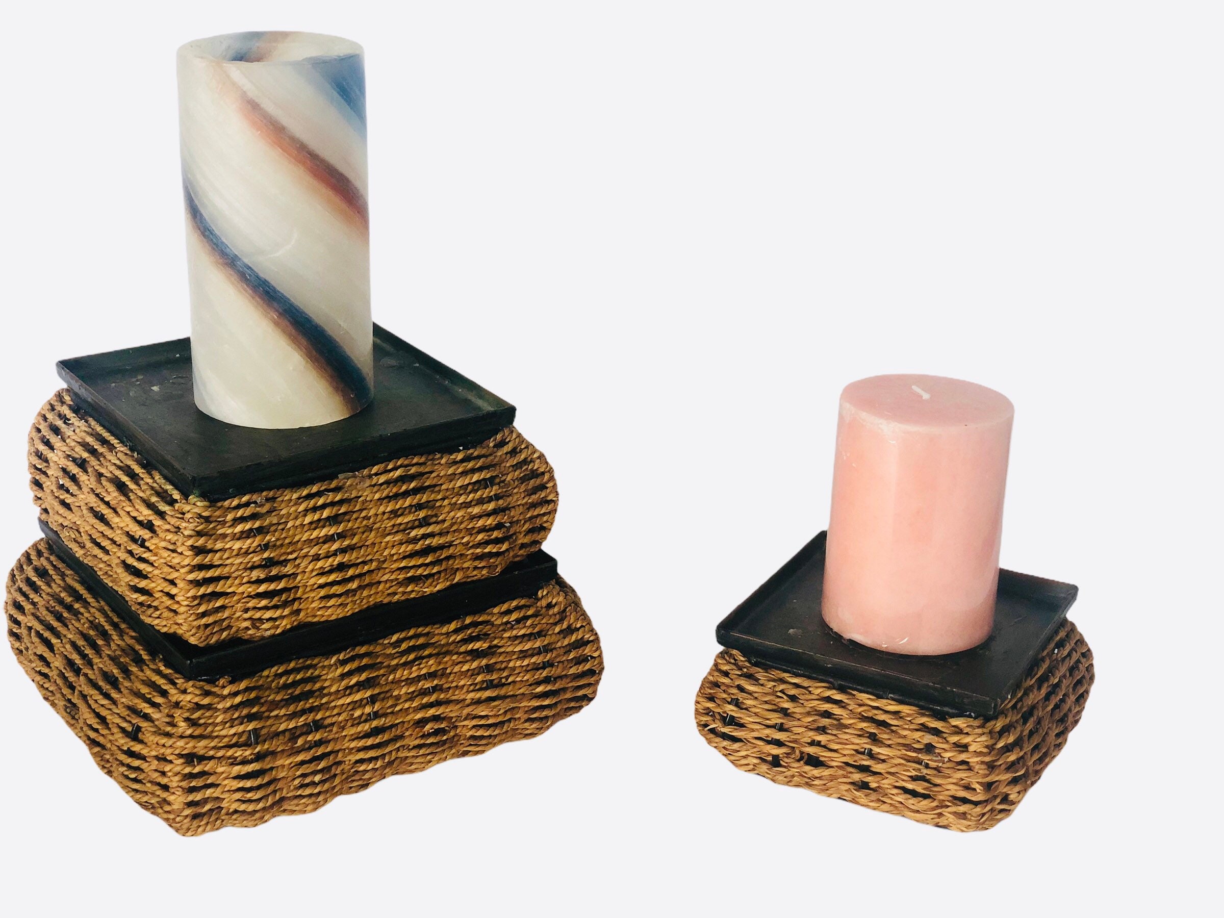 Vintage woven straw/rope candle holders/ set of 3/stackable Etsy