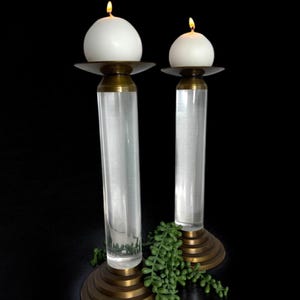 Vintage brass tone  and lucite acrylic step down candleholders /table scape/home decor/pillar candle holders/pair/12”