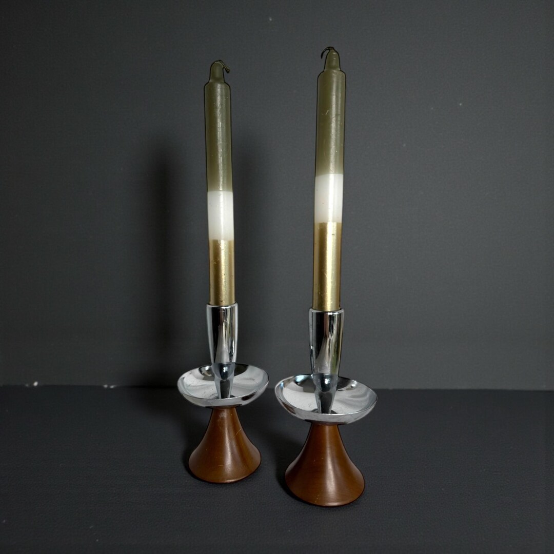Set/2 Vintage MCM Danish Wood Chrome 6" Candlestick Holders Mid Century ...