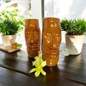 Pair of vintage Tiki glasses/Easter island style tiki mugs/retro barware/mcm barware