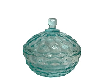Vintage Indiana Glass Whitehall cubist aqua blue covered candy bowl/ Glass Bowl /trinket dish/light aquamarine candy dish
