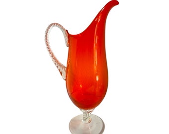 Vintage Italian Empoli Tangerine glass ewer/pitcher /vase/ Venetian glass/hand blown/ applied handle