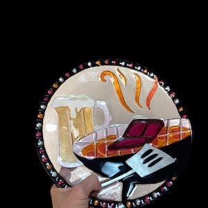 Lori Siebert For Silvestri hand blown art glass Glass BBQ grill beer plate /Serving bowl/large plate/gift for him/gift for dad