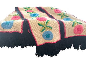 Vintage crochet afghan colorful floral blanket/ afghan blanket/granny core/cottage core/handmade blanket/ throw blanket