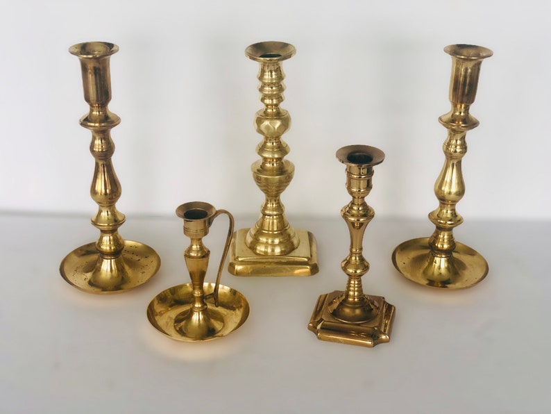 Mismatched vintage brass candle holder setrustic farmhouseweddingtable scapehome decorset of 5