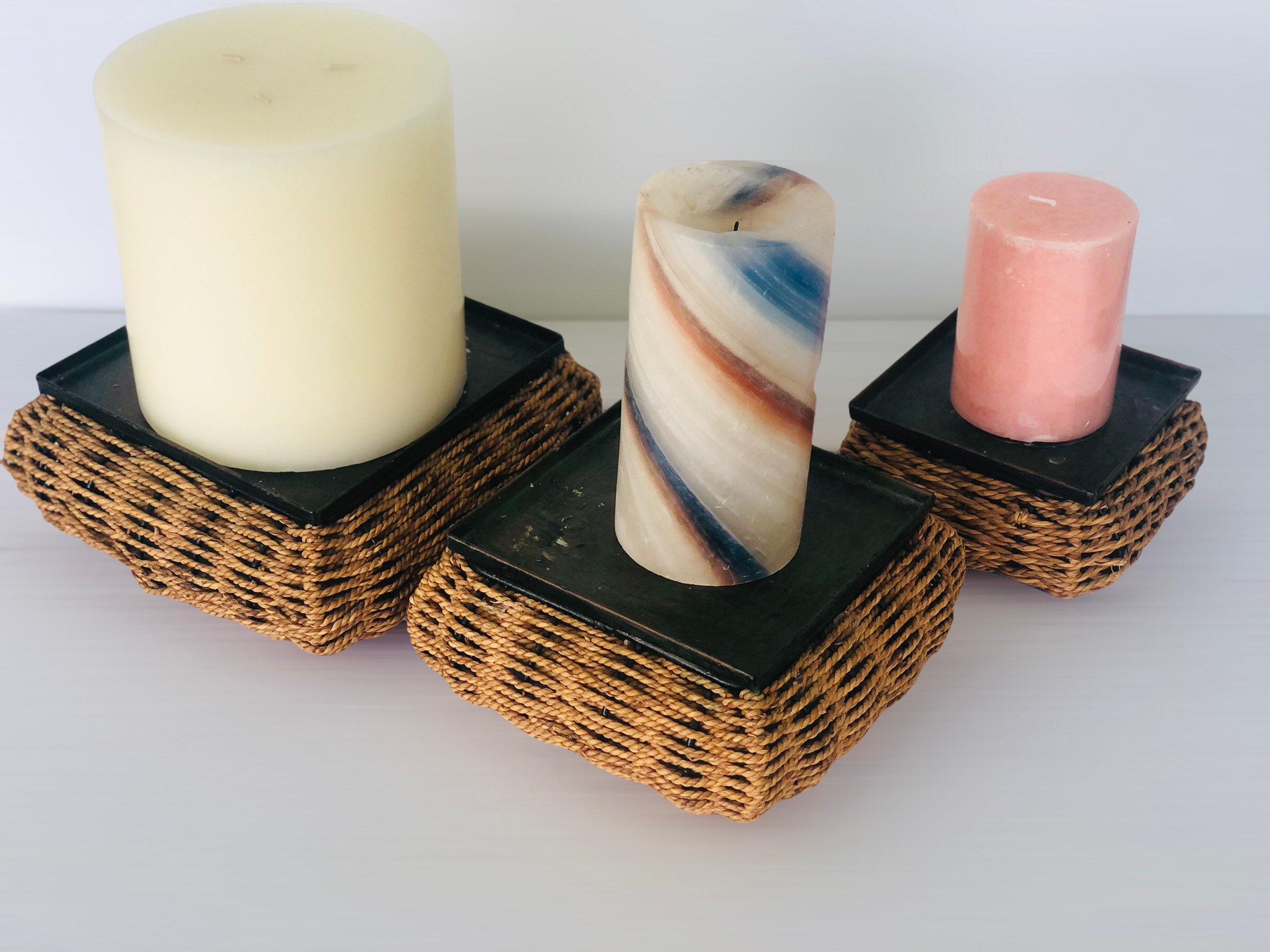 Vintage woven straw/rope candle holders/ set of 3/stackable Etsy