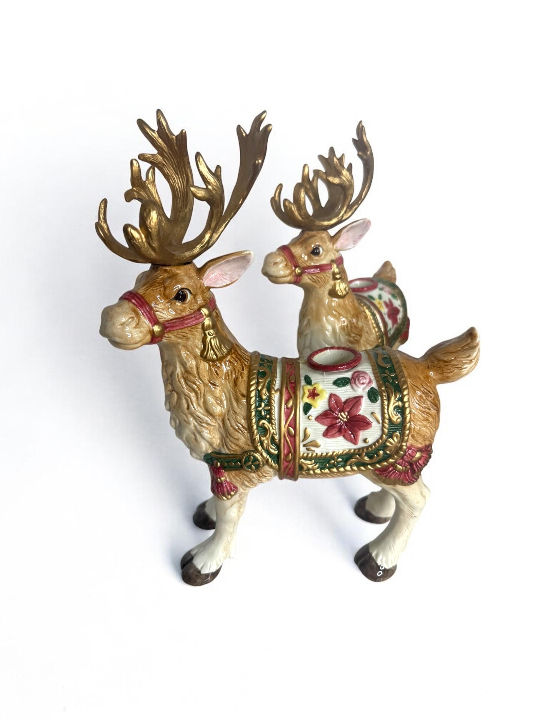 Vtg Fitz And Floyd Father Christmas Reindeer Candle Holders pair