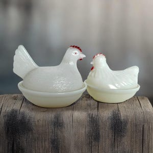 2 Vintage milk glass hen on nest covered dishes /retro dinnerware/countrycore/ cottagecore