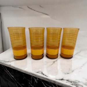 Vintage retro yellow/brown glasses/ water/juice glasses yellow striped tumblers/ 1970s glassware/ set of 4