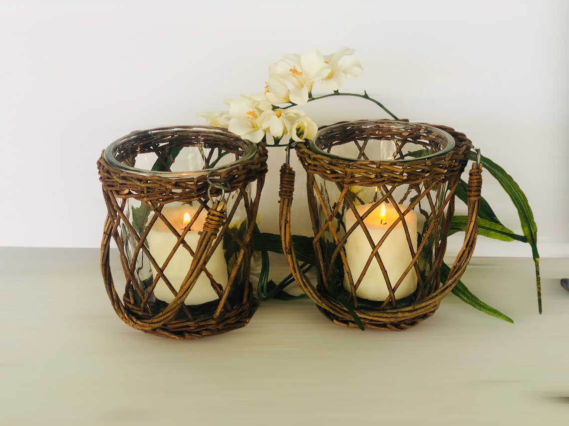 Vintage wood/wicker glass candle holder Etsy