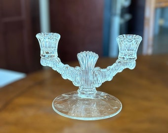 Vintage Tiffin clear glass 2 arm candelabra/candlestick holder/art deco