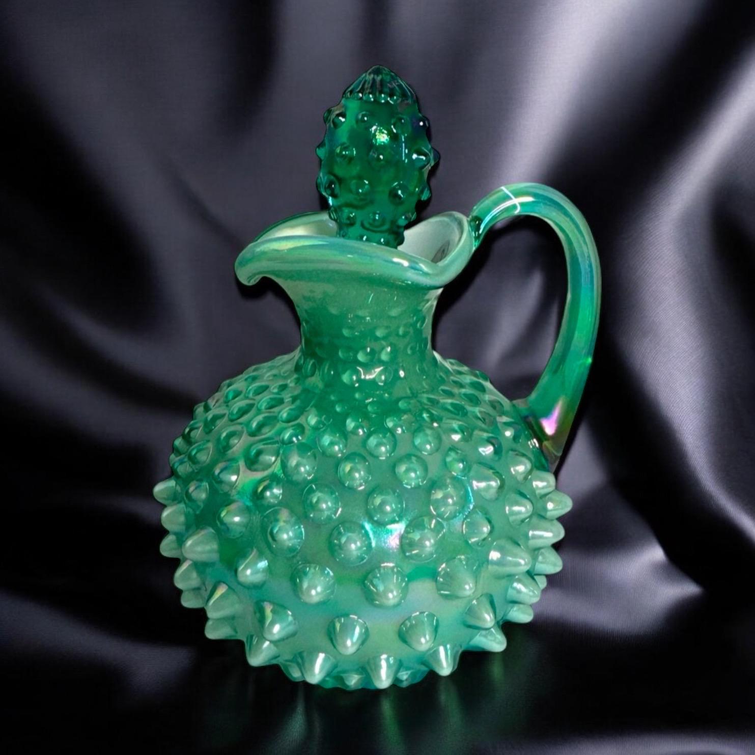 Fenton Green Overlay Opalescent Iridescent Hobnail Cruet - Etsy display picture 1