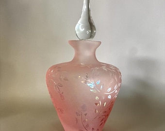 vintage pink iridescent perfume bottle with etched floral leaf design clear stopper