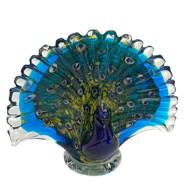 Art glass colorful peacock/blues,yellows and greens/colorful/home decor