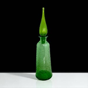 MCM emerald green crackle glass  decanter bottle with flame stopper /midcentury decor/mcm glass 15.5”