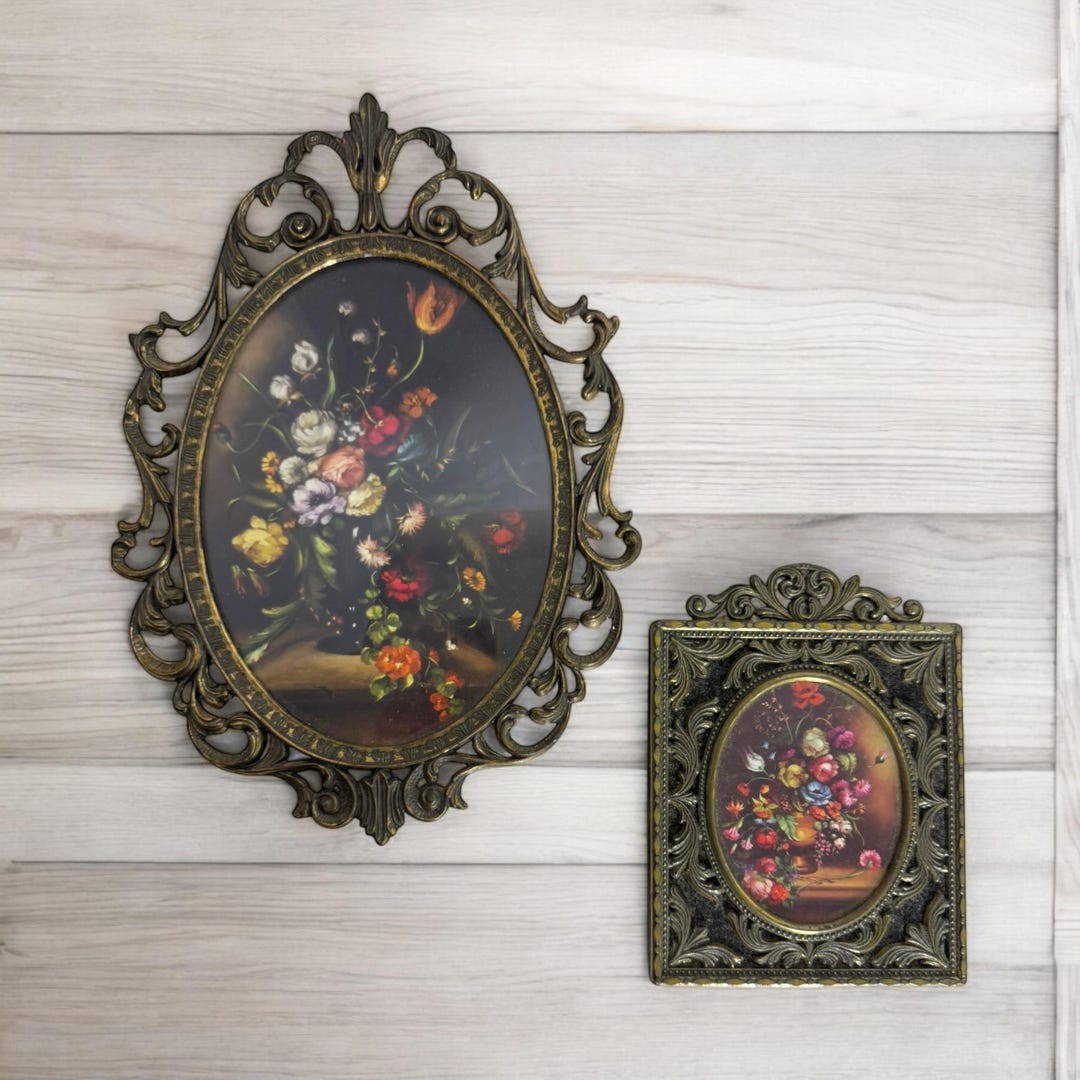 Vintage Pair of Ornate Brass Frames With Floral Prints/made in Italy ...