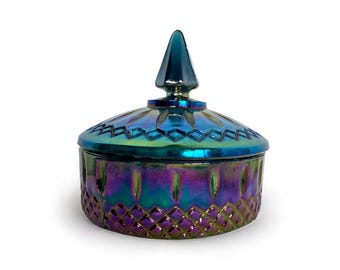 Vintage Indiana Glass Princess Iridescent Blue Carnival Lidded Candy Bowl Dish/large trinket bowl/decorative jar