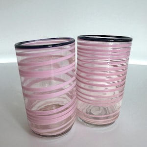 Signed studio art glass pink swirl drinking glasses/water glasses/tumblers/ optic swirl tumblers/signed Taylor Backes/handblown tumblers