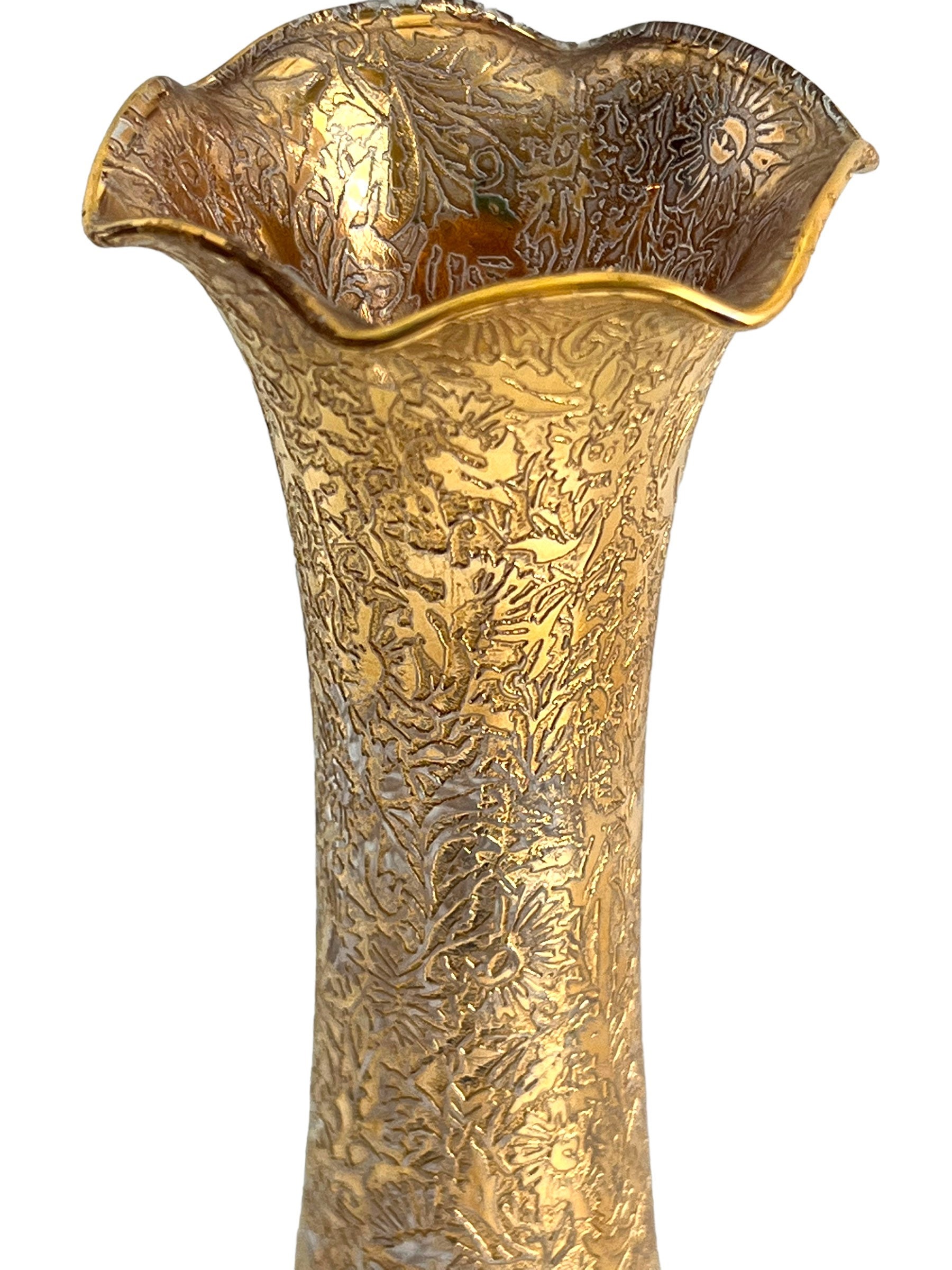 Vintage Hand Painted Glass Gold Vase/floral Design/ruffled Etsy