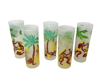 Federal Glass tropical MCM Satin Frosted zombie Tumblers/tom Collin’s glassware/set of 5