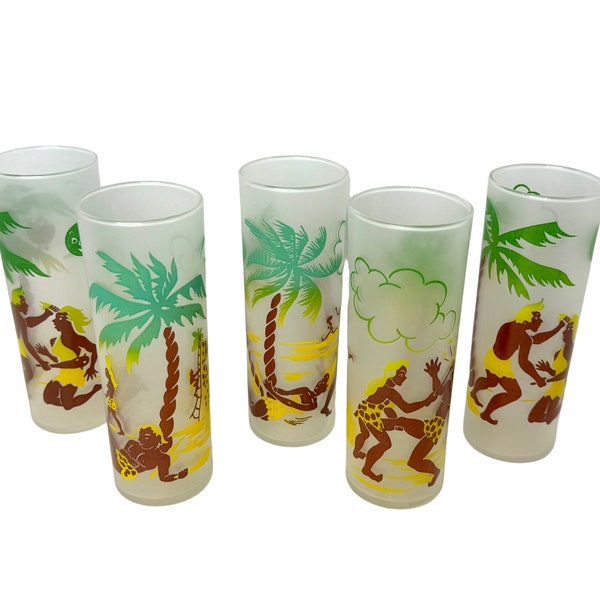 Federal Glass tropical MCM Satin Frosted zombie Tumblers/tom Collin’s glassware/set of 5