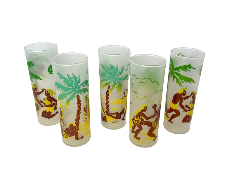 Federal Glass tropical MCM Satin Frosted zombie Tumblers/tom Collins glassware/set of 5 image 1